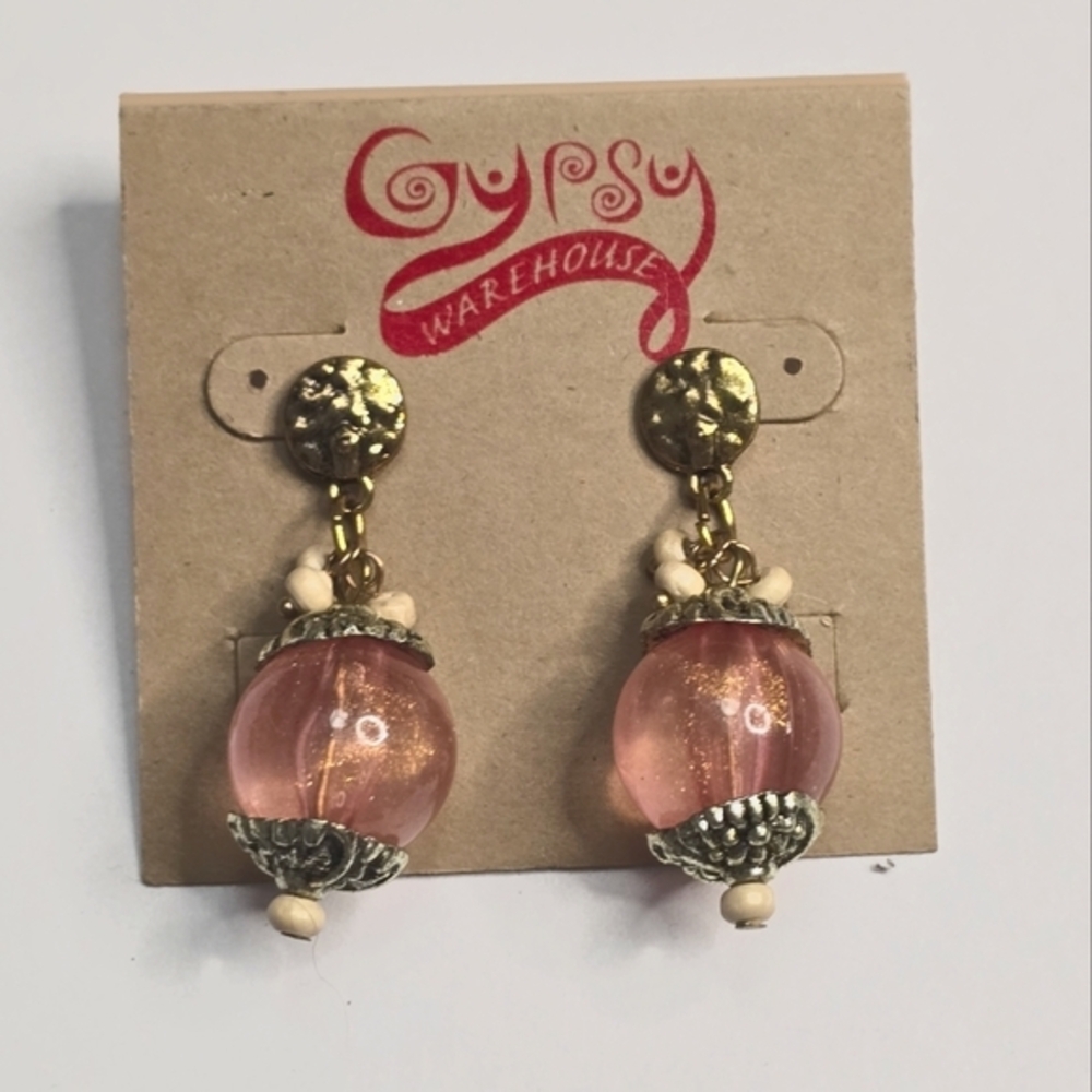 Treska Gypsy Pink Orb Drop‎ Earrings Gold Hammered Stud Boho Glitter Statement
